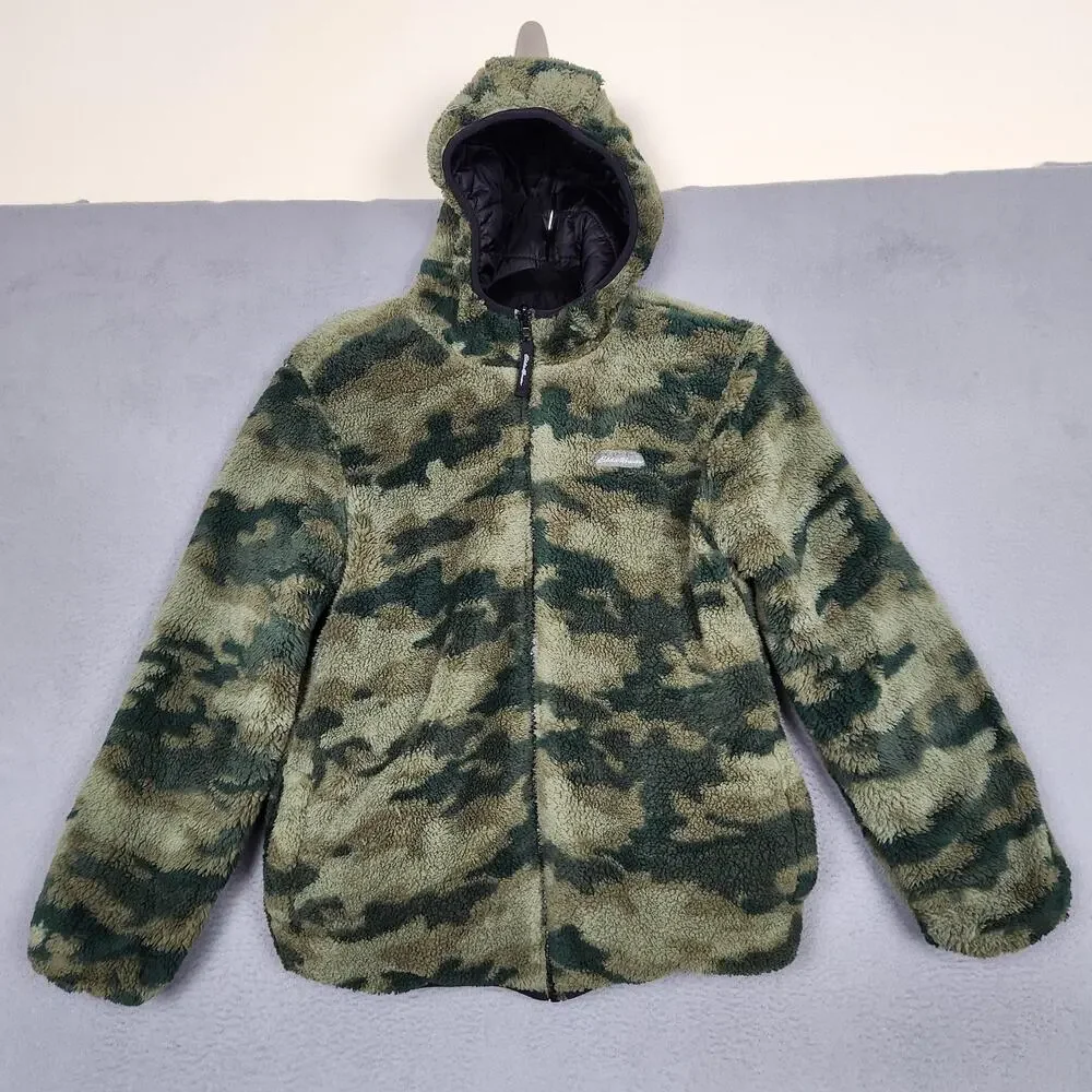 Eddie Bauer Jacket Boys Large Green Black Reversible Camo Hooded Puffer Coat